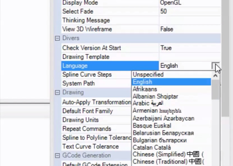 Choix de la langue dans le logiciel CAMBAM